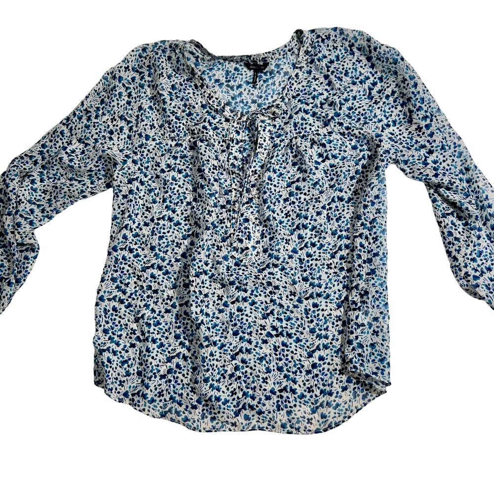 Daisy Fuentes Floral Blouse Woman's L Blue Watercolor Design V-Neck With Tie